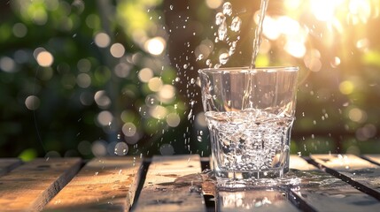 As you watch, a steady stream of water pours gracefully from a pitcher, its liquid splashing gently into the waiting glass. The sound of trickling water harmonizes with the rustle of leaves