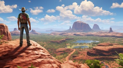 Obraz premium Adult man in cowboy hat on dirt road against sky UHD WALLPAPER