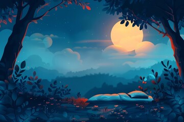 A beautiful night sky with a full moon shining over a forest. There is a blanket on the ground in the foreground.