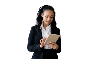 The manager, a woman in a suit, uses a tablet cut out