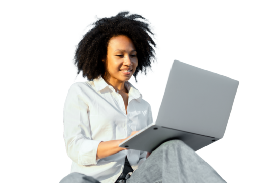 A female student uses a laptop, a positive curly-haired smiling company employee, a cut-out background