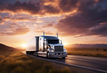 truck american sunset space road copy banner ai generative expressway freight cargo transportation highway background delivery motion logistic