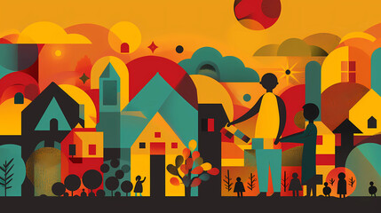Obraz premium Colorful Abstract Illustration of a Community with People, Houses, and Nature Elements
