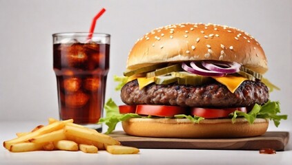 Delicious hamburger with cola and potato fries on the white background. Fast food concept.
