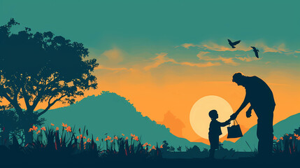 Silhouette of Parent and Child Enjoying a Sunset in Nature