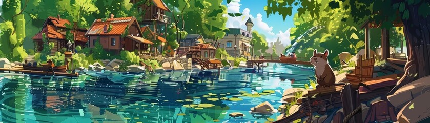 A beautiful lakeside village with a cat sitting on a dock