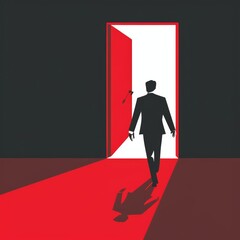 A dark room with a red door. A man in a suit is walking through the door.