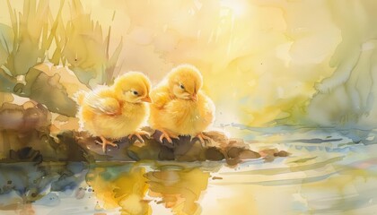 A watercolor painting of two baby ducklings standing on the edge of a pond, looking at their reflection in the water - obrazy, fototapety, plakaty