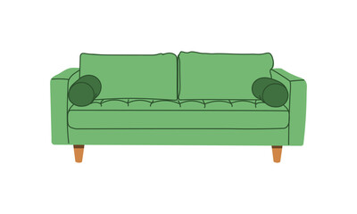 Fashionable green sofa in retro style. A modern collection of upholstered furniture. Flat vector illustration