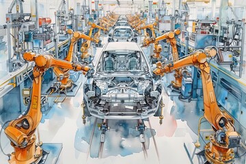Overhead view of a car assembly line where multiple robotic arms work in synchrony to assemble different components of a car