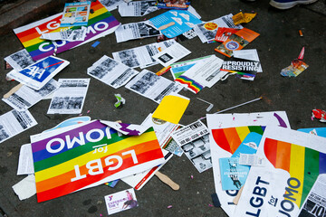 New York City,NY. LGBT flyers line the streets  after the pride parade. 