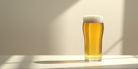 A glass of beer is sitting on a table in front of a wall
