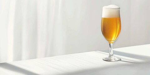 A glass of beer is sitting on a table in front of a white background
