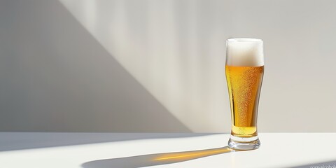 A beautiful glass of beer is sitting on a table in front of a wall