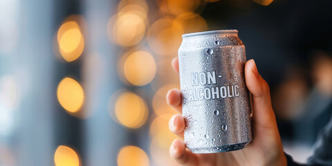 A hand holding a can of beer with the word "non-alcoholic" on it, copy space
