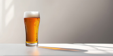 A glass of cold beer is sitting on a table in front of a window