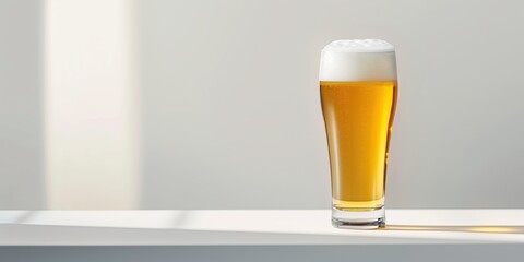 Sleek, clear glass of light beer with a perfect head of foam, with soft shadows creating depth