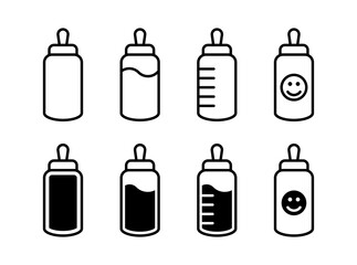 Baby milk bottle icon set. Baby feeding bottle set. Newborn nipple symbol isolated.