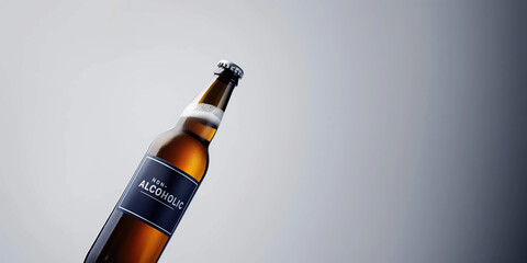 A bottle of beer with blue label that says "Non Alcoholic", concept, copy space