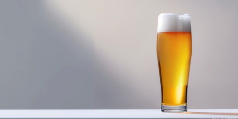 A glass of beer is sitting on a table, foamy and cold