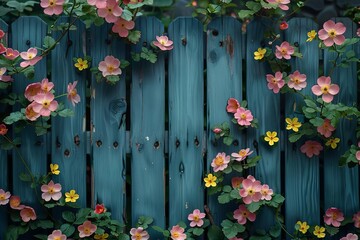 Fototapeta na wymiar A blue wooden fence with pink and yellow flowers growing on it.