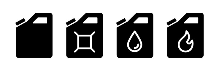 Benzine canister black icon set. Petrol tank filled symbol. Fuel canister vector illustration. Gasoline gallon icon. Diesel jerrycan pictogram isolated.