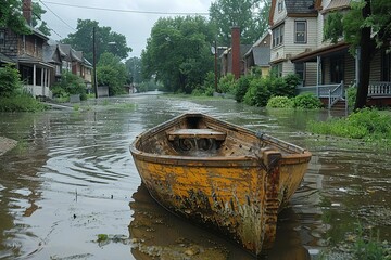 A boat sits abandoned in the middle of a flooded street.