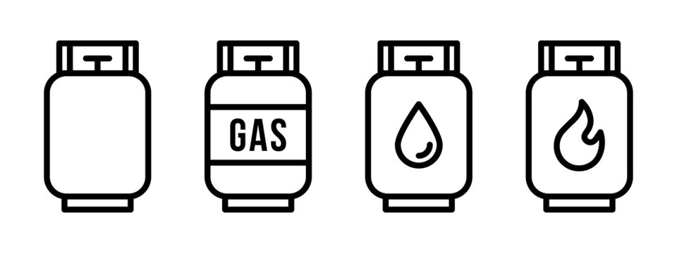 Gas tank icon set. Propane cylinder line symbol. Fuel canister pictogram. Petrol tank illustration. LPG or compressed methane outline icon isolated.