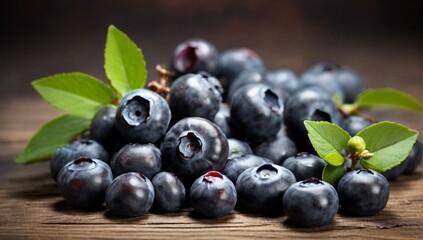 Fototapeta premium Blueberries with blueberry leaves on a old wooden table. 