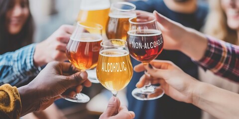 A group of people are holding up glasses of beer and wine