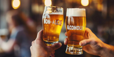Two people are holding up glasses of beer with the words "Non-Alcohol" and "Alcohol" on them