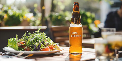 Non-alcoholic beer next to a light summer meal on an outdoor table, with the label "NON-ALCOHOLIC" visible