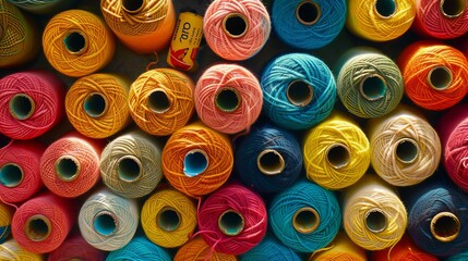Fototapeta premium Picture a serene scene where colorful cotton reels are neatly arranged on a tabletop, creating a delightful display of creativity and craftsmanship. This charming tableau exudes a sense of nostalgia 