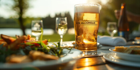 Non-alcoholic beer next to a light summer meal on an outdoor table,