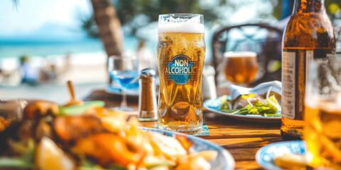 Non-alcoholic beer next to a light summer meal on an outdoor table, label "NON-ALCOHOLIC"