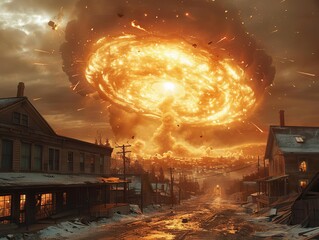 An apocalyptic scene of a small town being destroyed by a nuclear explosion - obrazy, fototapety, plakaty
