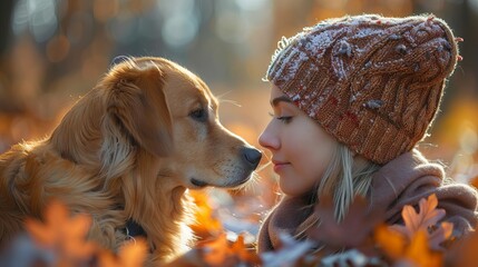 A young woman and her golden retriever dog are lying in the autumn leaves - obrazy, fototapety, plakaty