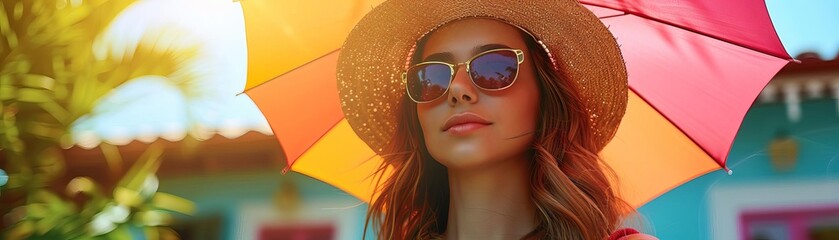A young woman wearing a straw hat and sunglasses is standing under a rainbow umbrella. - obrazy, fototapety, plakaty
