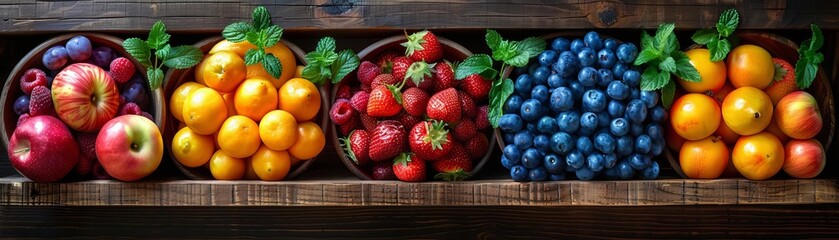 An assortment of colorful fruits arranged in wooden bowls on a wooden table. - obrazy, fototapety, plakaty
