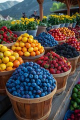 An assortment of fruits and vegetables at a farmer's market - obrazy, fototapety, plakaty