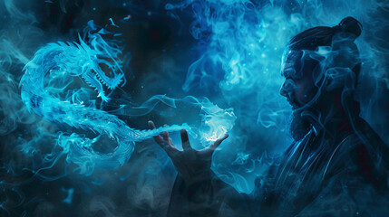  Mystical blue dragon of smoke and fog with human hand. symbol of the new year. Mystical dragon closeup view. - obrazy, fototapety, plakaty