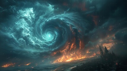 The sky is filled with a huge tornado and a dark storm.