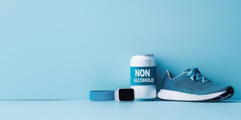 Cold non-alcoholic beer can placed beside wall beside a running shoe and a fitness tracker, - obrazy, fototapety, plakaty