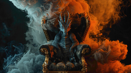 A dragon siting on his chair. A gold throne chair with a dragon on it close up view and realistic. 
 - obrazy, fototapety, plakaty