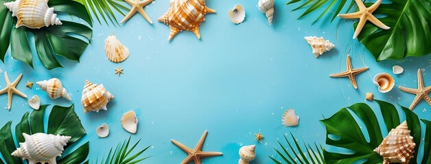 Shells, starfish, palm leaves on blue background. Advertising for travel agency. Signboard, banner with space for text.  Vacation concept. Quiet luxury. 