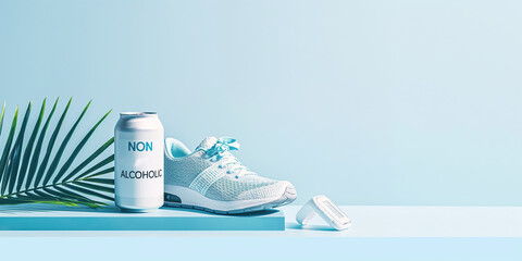 Cold non-alcoholic beer can placed against wall beside a running shoe and a fitness tracker, - obrazy, fototapety, plakaty