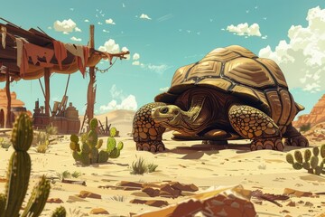A giant desert tortoise walks through a barren desert landscape - obrazy, fototapety, plakaty
