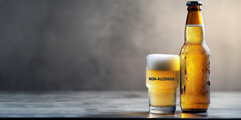 A bottle of beer and a glass of beer with the word "non - alcoholic" on the glass