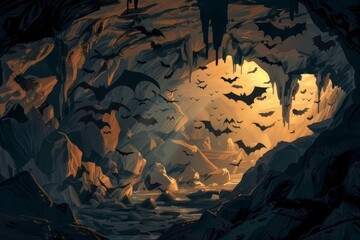 A dark cave filled with bats. The bats are flying around in the cave.