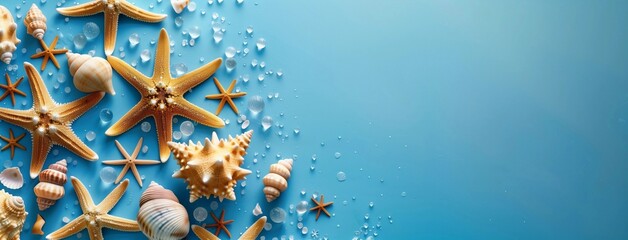 Shells, starfish, palm leaves on blue background. Advertising for travel agency. Signboard, banner with space for text. Vacation concept. Quiet luxury.